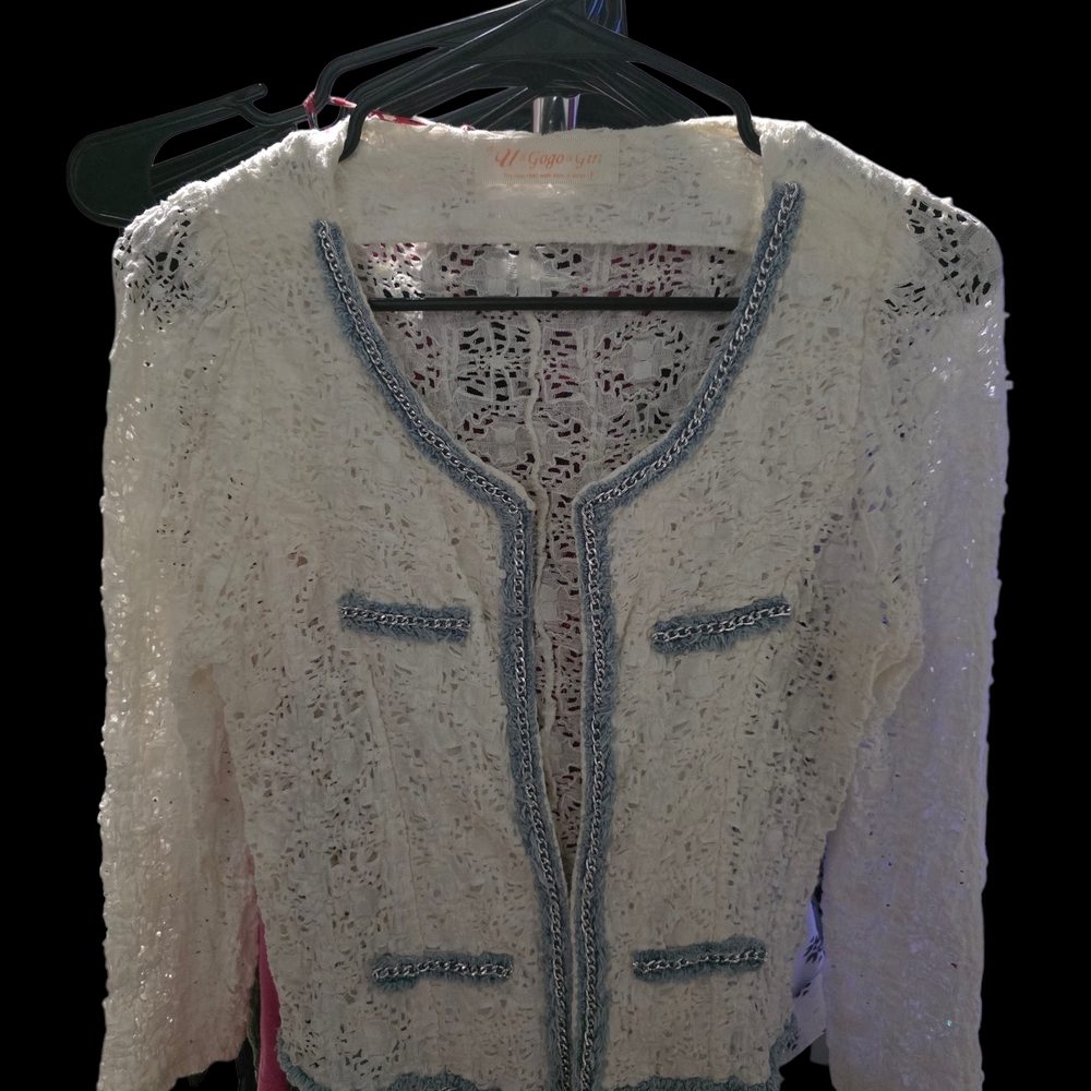 Crochet Knit White Blazer with Blue Trim